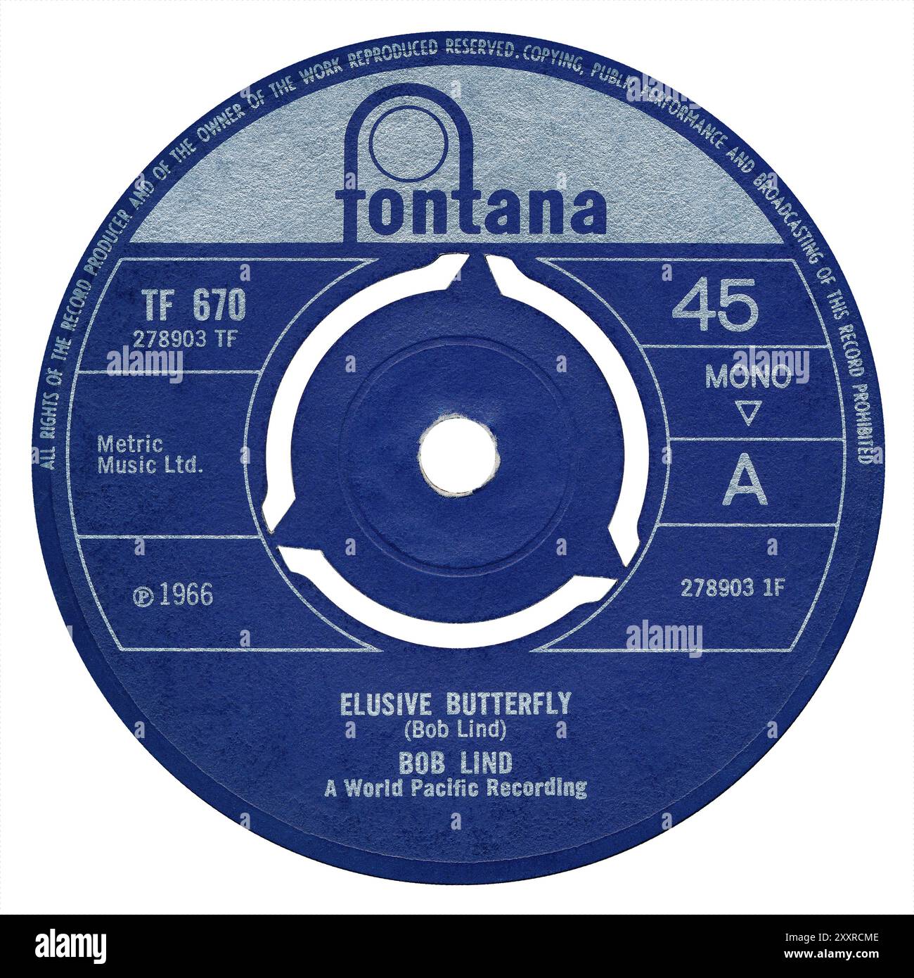 45 RPM 7' UK-Plattenlabel von Elusive Butterfly von Bob Lind auf dem Label Fontana ab Februar 1966. Geschrieben von Bob Lind. Produziert von Richard Bock. Stockfoto