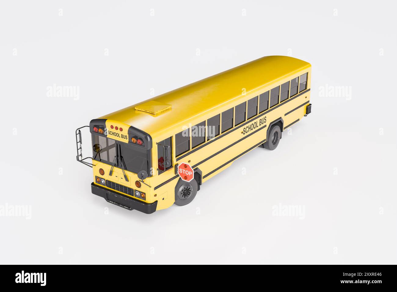 Klassischer gelber Schulbus parkt auf weißem Hintergrund, Erinnerungen an Kindheit und Bildung. 3D-Rendering Stockfoto