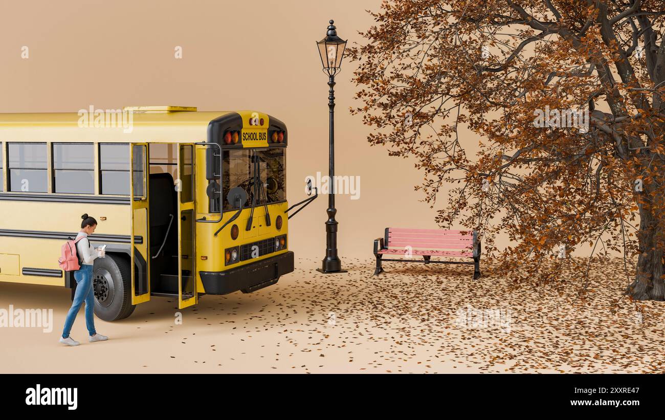 Ein Schüler mit Rucksack läuft in einem Park von einem Schulbus weg, mit herabfallendem Herbstlaub auf dem Boden. 3D-Rendering Stockfoto