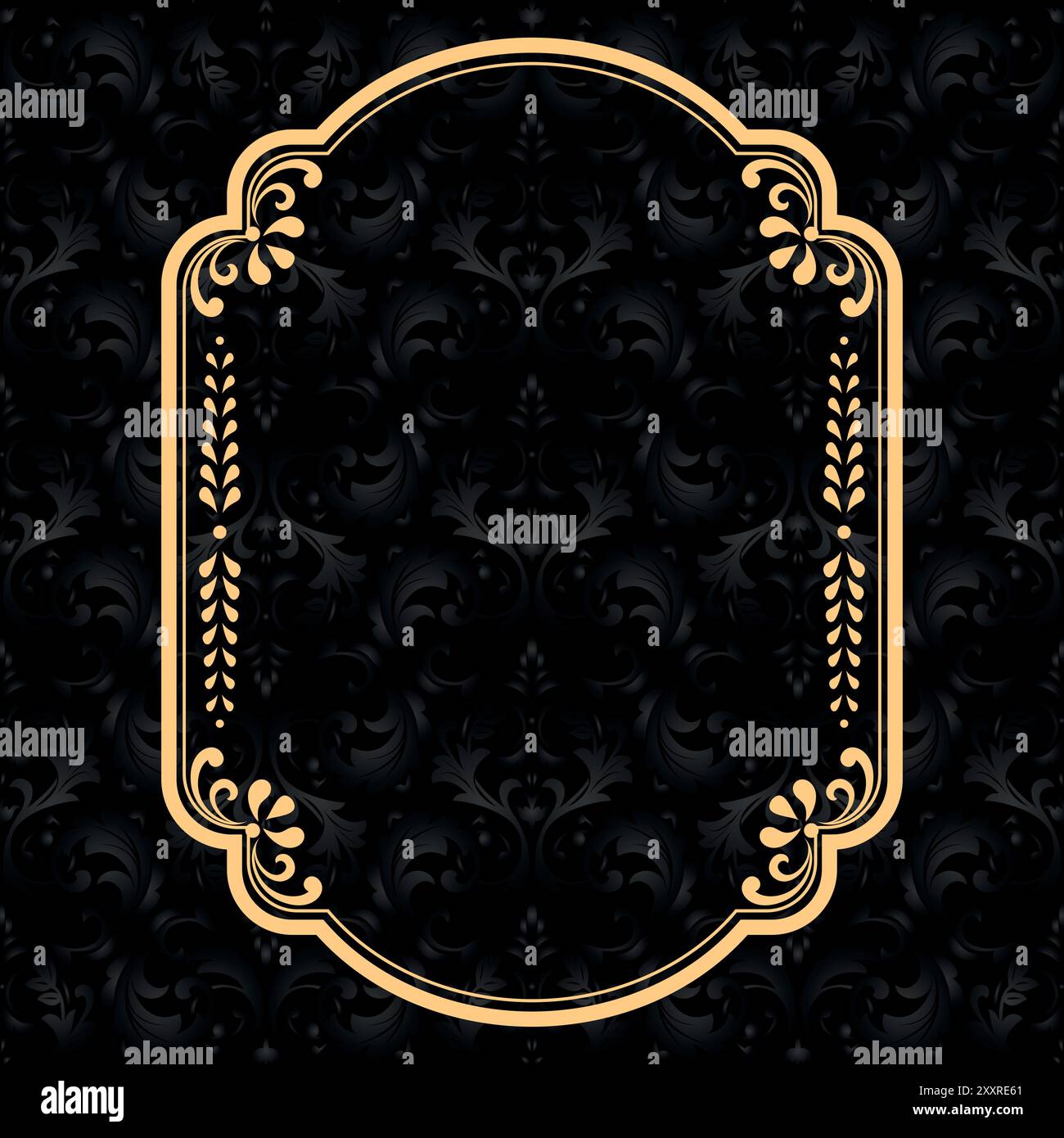 Rahmen aus Vintage-Gold auf schwarzem Hintergrund. Damaskus antike Vektorverzierung. Nahtloses abstraktes Blumenmuster. Stock Vektor