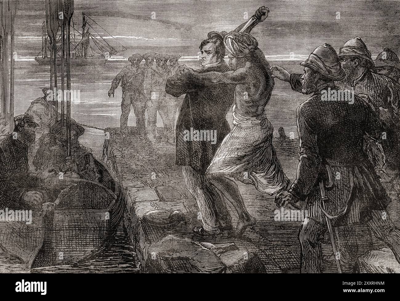 Die Ermordung des Vizekönigs von Indien durch Sher Ali Afridi, 1872. Richard Southwell Bourke, 6. Earl of Mayo, 1822–1872, alias Lord Naas und Lord Mayo in Indien. Britischer Staatsmann, prominentes Mitglied der britischen Konservativen Partei, Chief Secretary for Ireland und Vizekönig von Indien. Sher Ali Afridi (* 11. März 1872). Indischer Soldat. Aus Cassells Illustrated History of England, veröffentlicht um 1880. Stockfoto