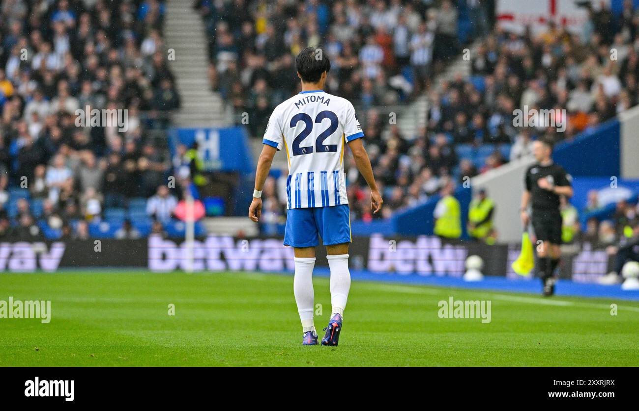 Kaoru Mitoma aus Brighton während des Premier League-Spiels zwischen Brighton und Hove Albion und Manchester United im American Express Stadium , Brighton , UK - 24. August 2024 Foto Simon Dack / Teleobjektive nur redaktionelle Verwendung. Kein Merchandising. Für Football Images gelten Einschränkungen für FA und Premier League, inc. Keine Internet-/Mobilnutzung ohne FAPL-Lizenz. Weitere Informationen erhalten Sie bei Football Dataco Stockfoto