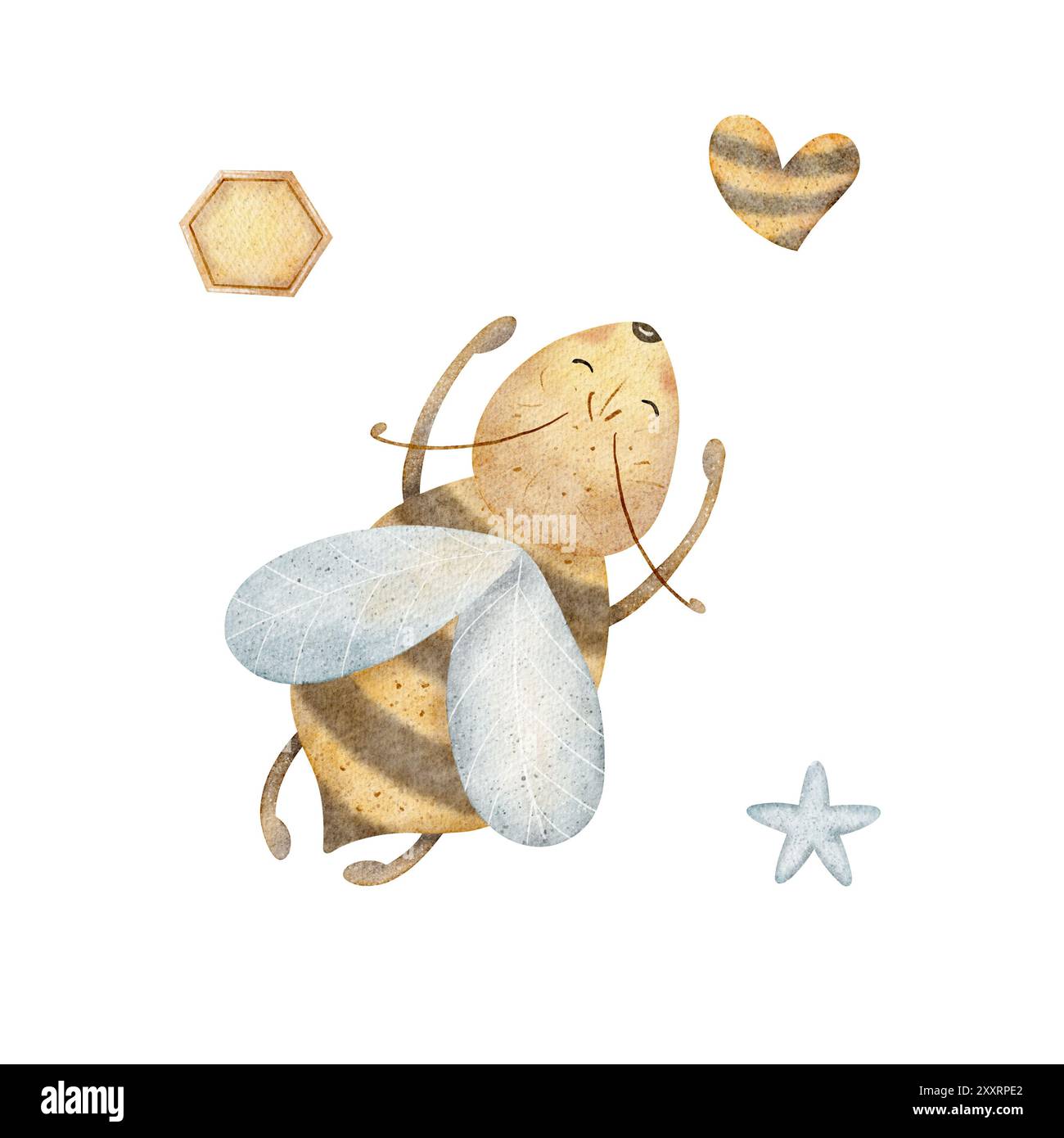 Aquarellfarben niedliche Biene, die zum Honigherz fliegt. Illustration im Vintage-Stil für Kinder isoliert auf weißem Hintergrund für Vorlagen von Karten, Poster in Stockfoto