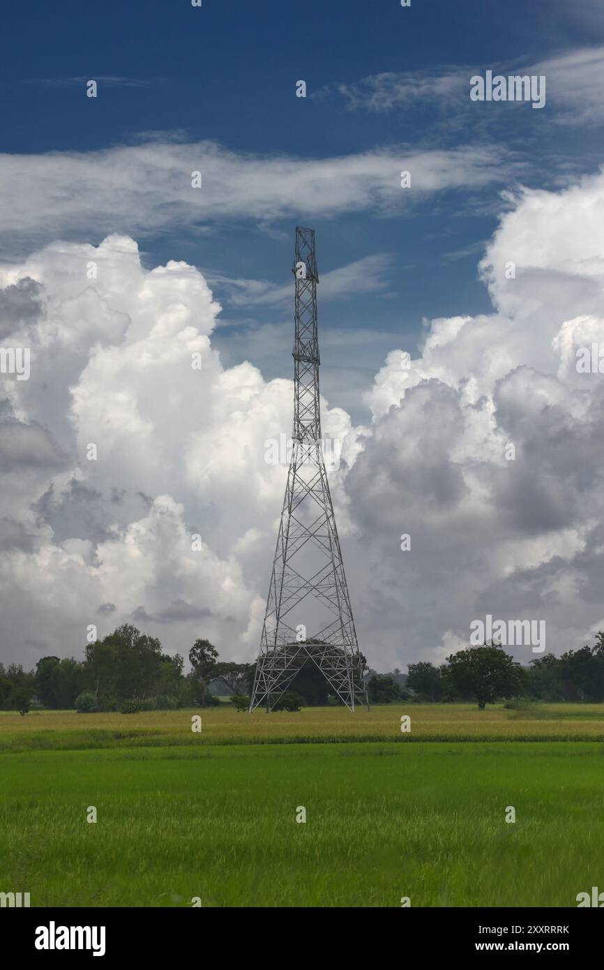 Hochspannungs-Strommasten zwischen den Städten stehen in Reisfeldern, mit weißen Wolken am Himmel an einem klaren Tag, Elektromasten haben noch kein wi Stockfoto