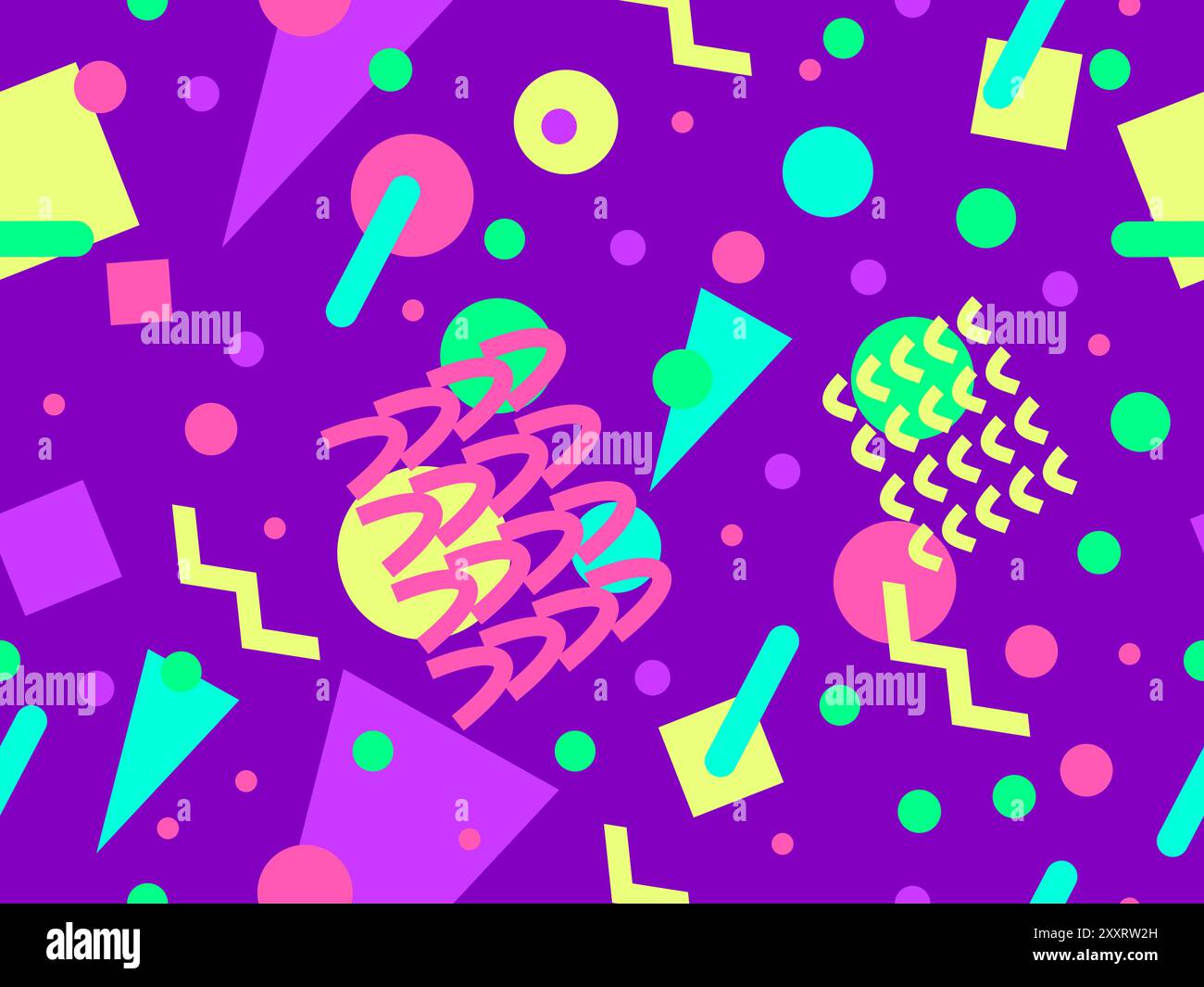 Geometrisches Nahtmuster mit memphis-Elementen im 80s Style. Farbenfrohes geometrisches Muster. Design von Werbeartikeln, Geschenkpapier und Druck Stock Vektor