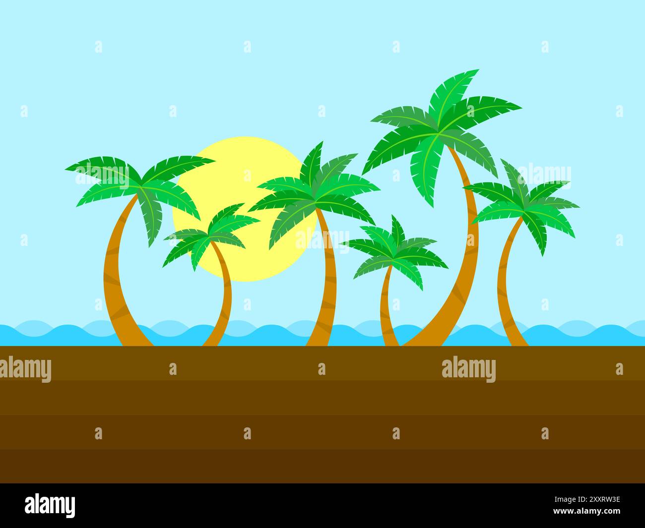 Landschaft mit Palmen am Meer und die Sonne am Horizont. Blick auf die Palmen von der Küste, Palmen bei Sonnenaufgang. Design für Poster, Bann Stock Vektor