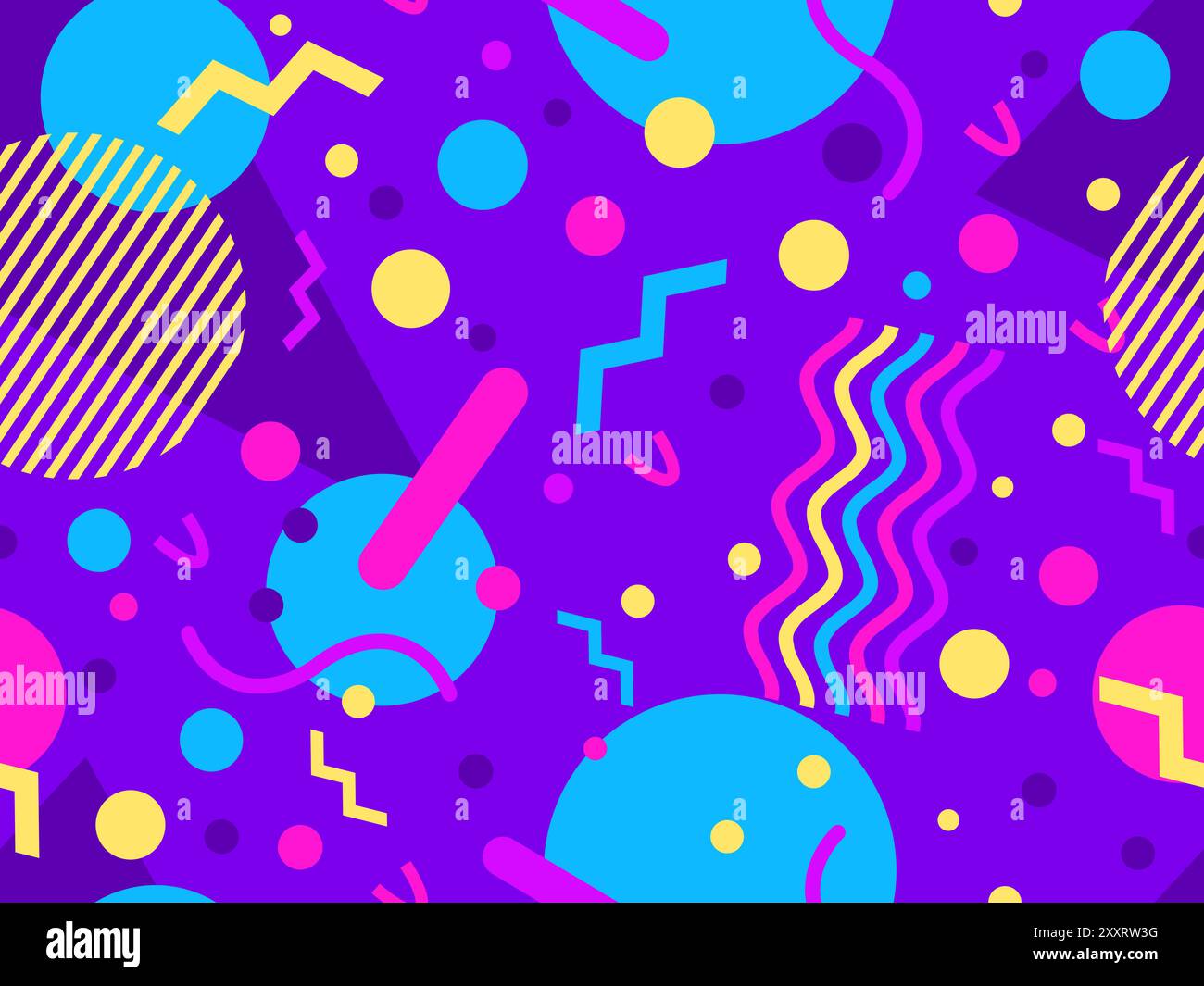 Geometrisches Nahtmuster mit memphis-Elementen im 80s Style. Farbenfrohes geometrisches Muster. Design von Werbeartikeln, Geschenkpapier und Druck Stock Vektor