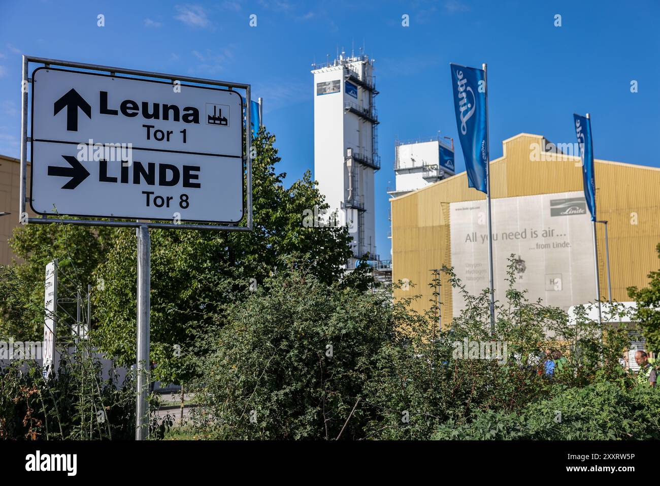 Leuna, Deutschland. August 2024. Blick auf die Anlagen des Spezialgasherstellers Linde im Leuna Chemical Park. Heute Morgen brach im Leuna Chemical Park ein Feuer aus. Die Werkfeuerwehr ist im Dienst, externe Kräfte seien noch nicht einberufen worden, sagte ein Sprecher der Betreibergesellschaft Infraleuna. Quelle: Jan Woitas/dpa/Alamy Live News Stockfoto