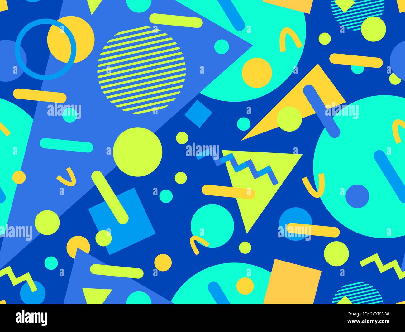 Geometrisches Nahtmuster mit memphis-Elementen im 80s Style. Farbenfrohes geometrisches Muster. Design von Werbeartikeln, Geschenkpapier und Druck Stock Vektor