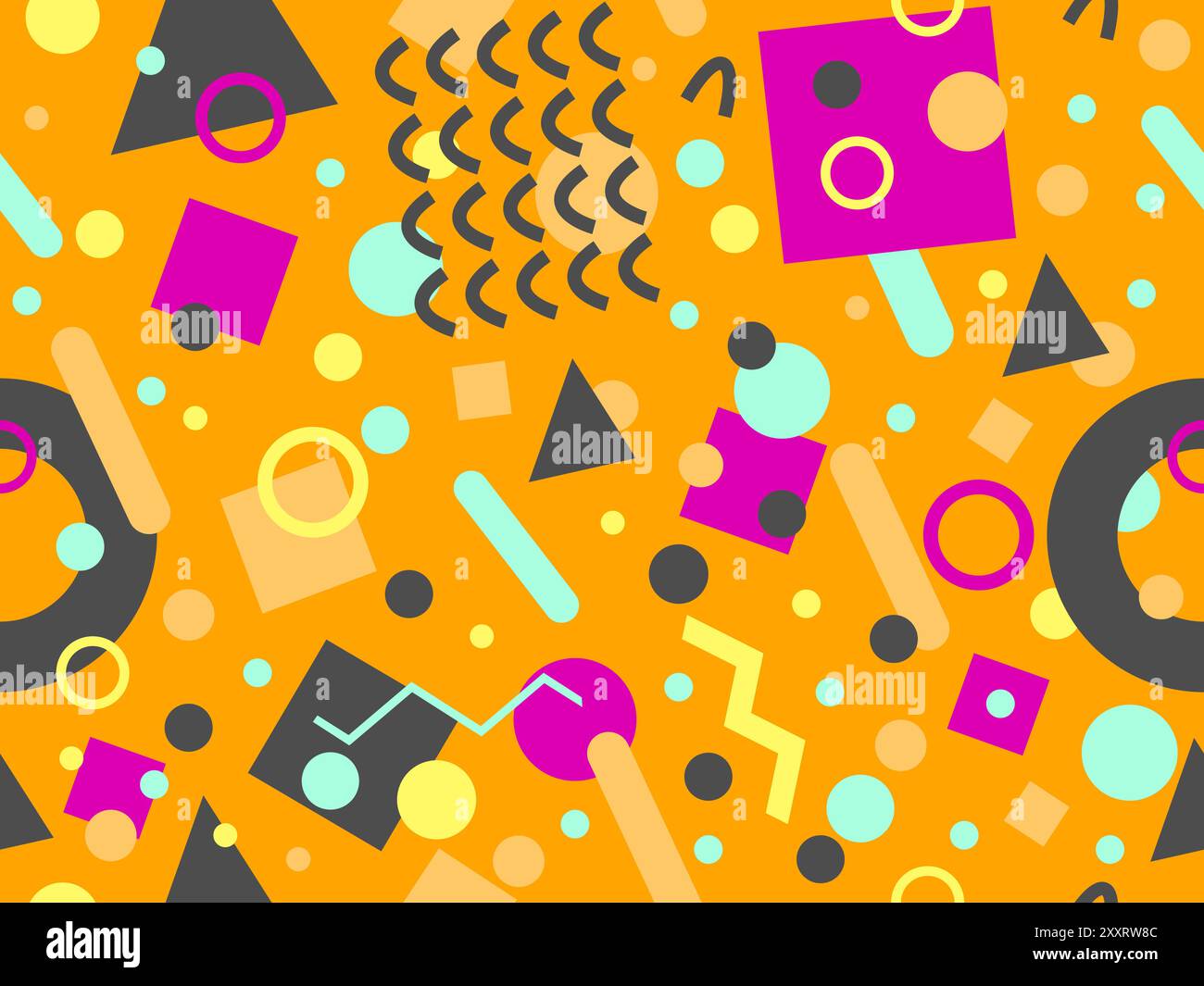 Geometrisches Nahtmuster mit memphis-Elementen im 80s Style. Farbenfrohes geometrisches Muster. Design von Werbeartikeln, Geschenkpapier und Druck Stock Vektor