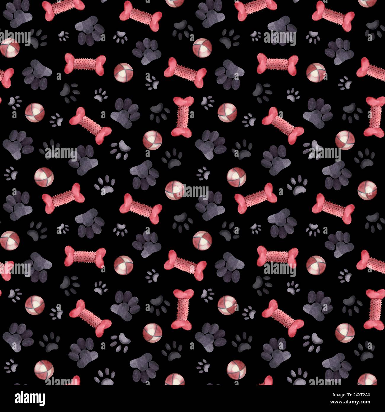 Haustiere. Spuren von Hunden und Katzen, Tierspielzeug, Hundeknochen, Kugeln, alle Gegenstände werden manuell mit Aquarell übergeben. Nahtloses Aquarellmuster. Geeignet für Stockfoto