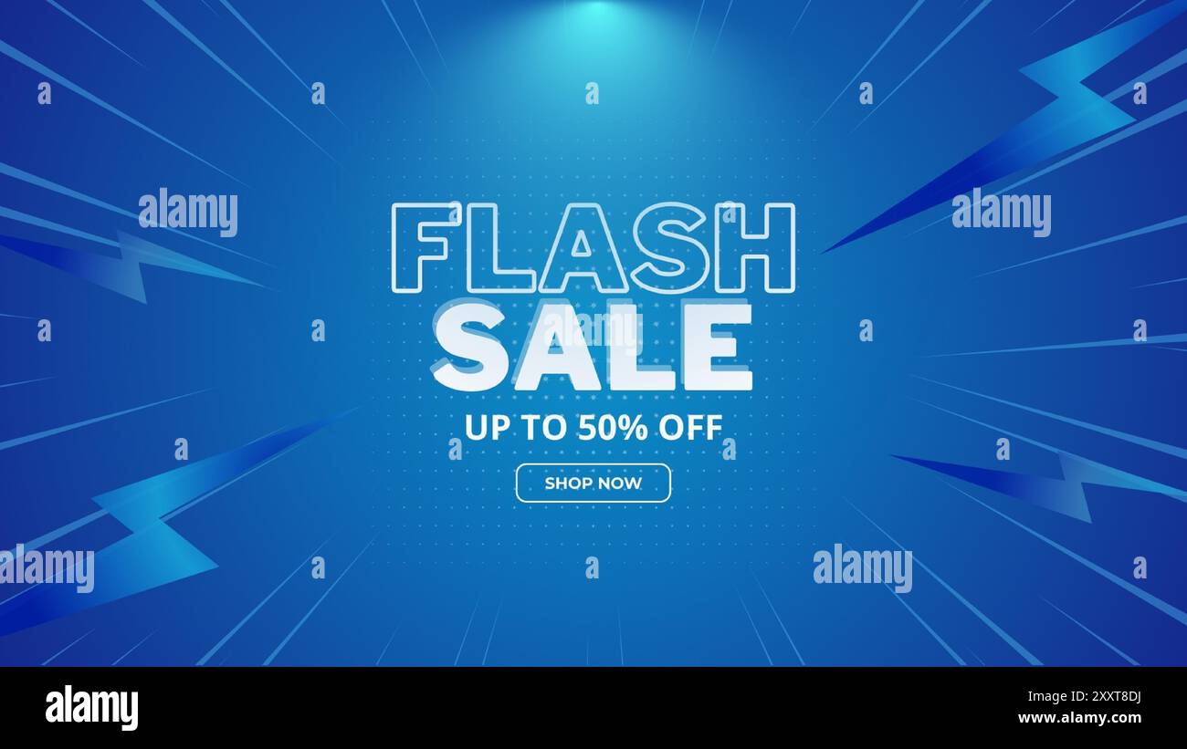 Flash Sale Shopping Poster oder Banner mit Flash-Symbol und 3D-Text auf blauem Hintergrund. Flash Sales Banner Template Design für soziale Medien und Websites. Stock Vektor