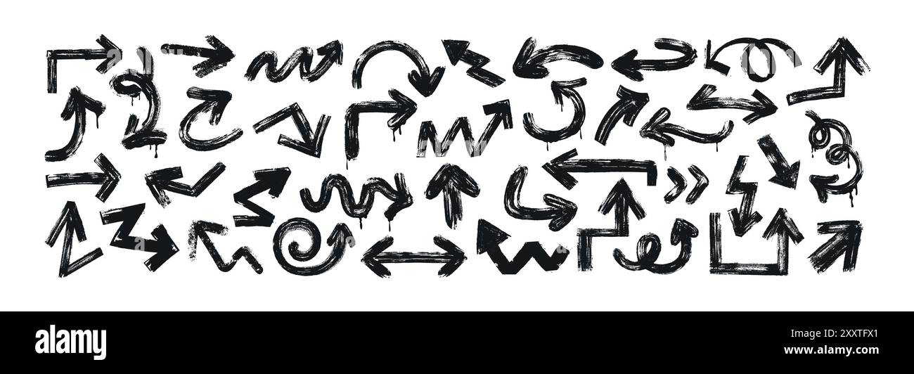 Handgezeichnete grobe Pfeile in verschiedenen Formen auf weißem Hintergrund. Vektorsatz für schwarze, kräftige Pinselstriche mit Spiralen, lockigen und geraden Pfeilen. Grafische Designelemente und Halterungen im Grunge-Stil ausrichten. Stock Vektor