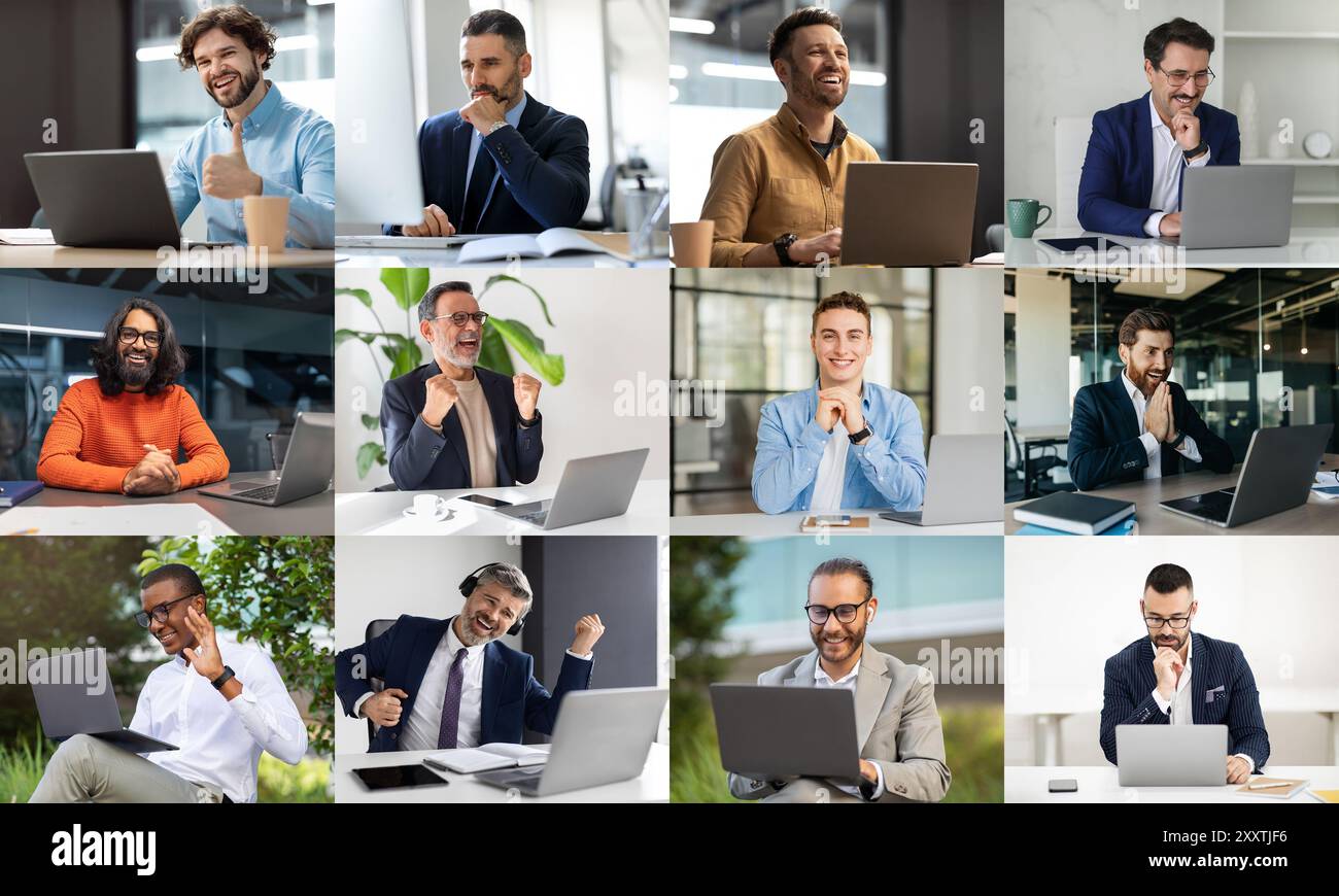 Engagierte Mitarbeiter, die an virtuellen Meetings in verschiedenen Umgebungen teilnehmen Stockfoto