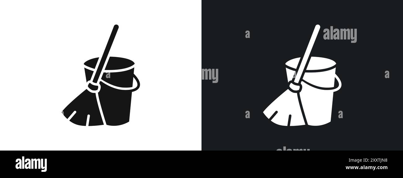 Besom mit Stab und Eimer Symbol lineares Vektor-Grafikzeichen oder Symbolsatz für Web-App-ui Stock Vektor
