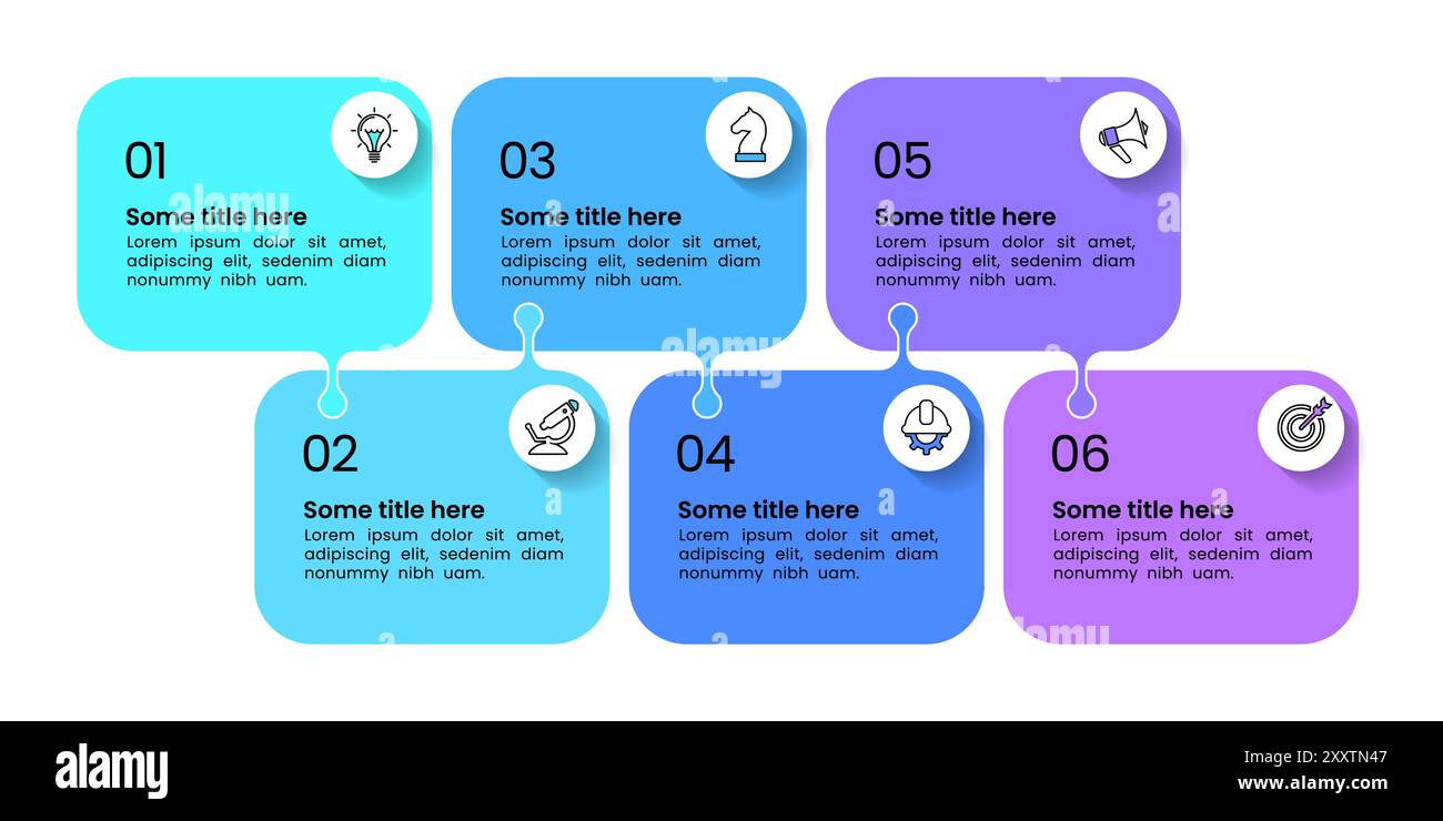 Infografik-Vorlage mit Symbolen und 6 Optionen oder Schritten. Vernetzte Banner. Kann für Workflow-Layout, Diagramm und Webdesign verwendet werden. Vektorabbildung Stock Vektor