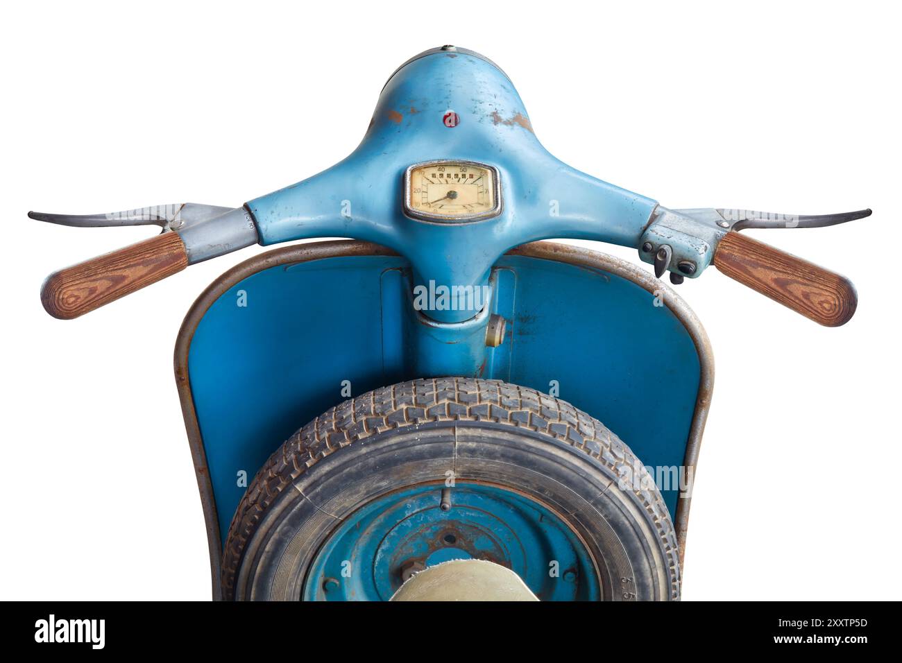 Fahreransicht eines alten italienischen blauen Rollers aus den 50er Jahren auf weißem Hintergrund Stockfoto