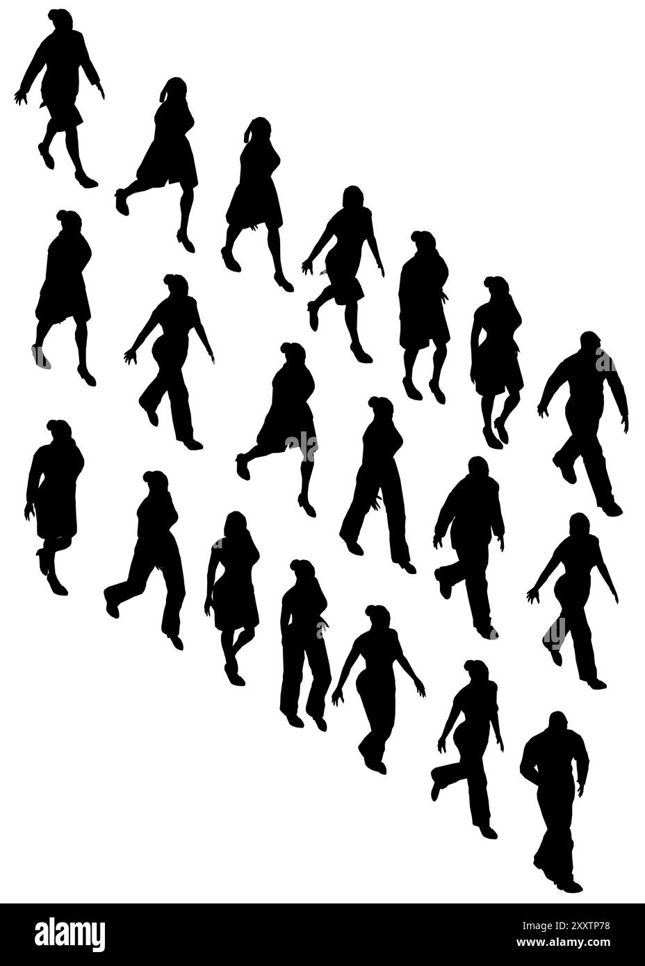 Set mit Silhouette von Wanderern isoliert auf weißem Hintergrund. Männer und Frauen gehen. Isometrische Ansicht. Vektorabbildung. Stock Vektor