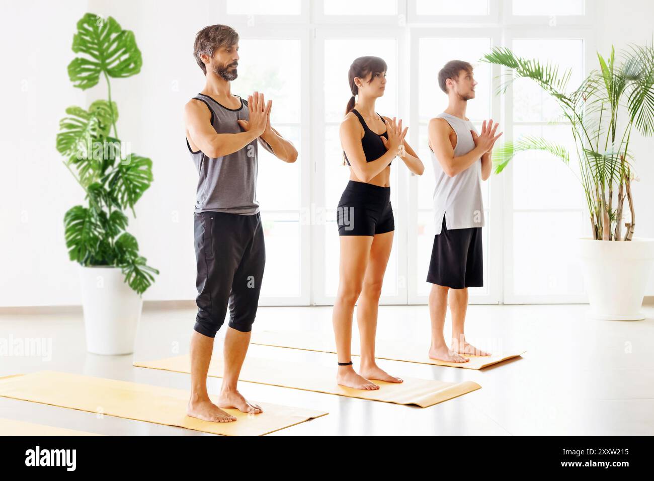 Kleine Gruppe von jungen Sportlichen, die Yoga drinnen praktizieren, Mountain Pose oder Tadasana trainieren und im geräumigen Studio gegen den hellen Windo stehen Stockfoto