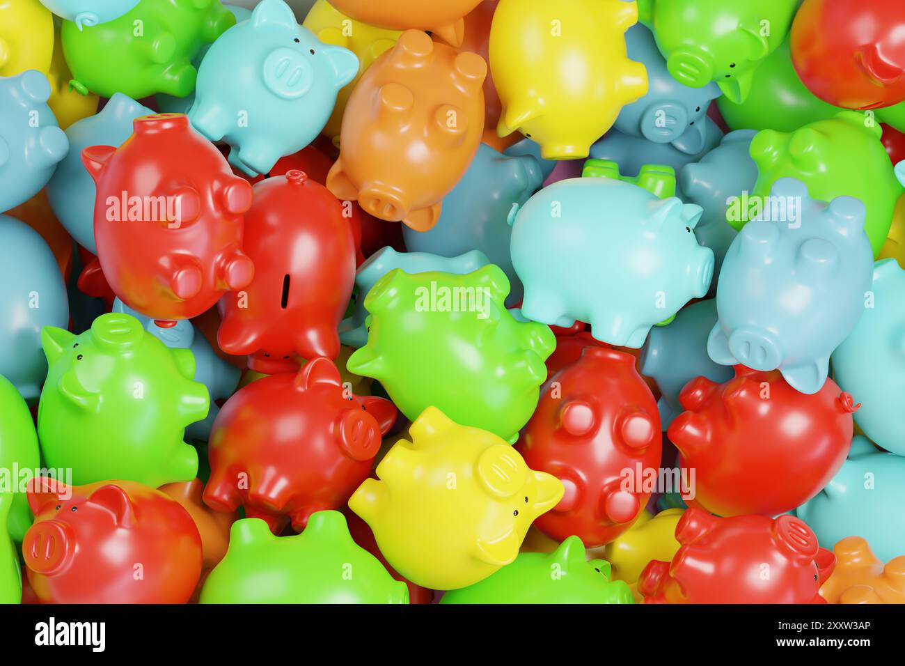 Hintergrund von vielen bunten Schweinebänken. 3D-Abbildung. Stockfoto