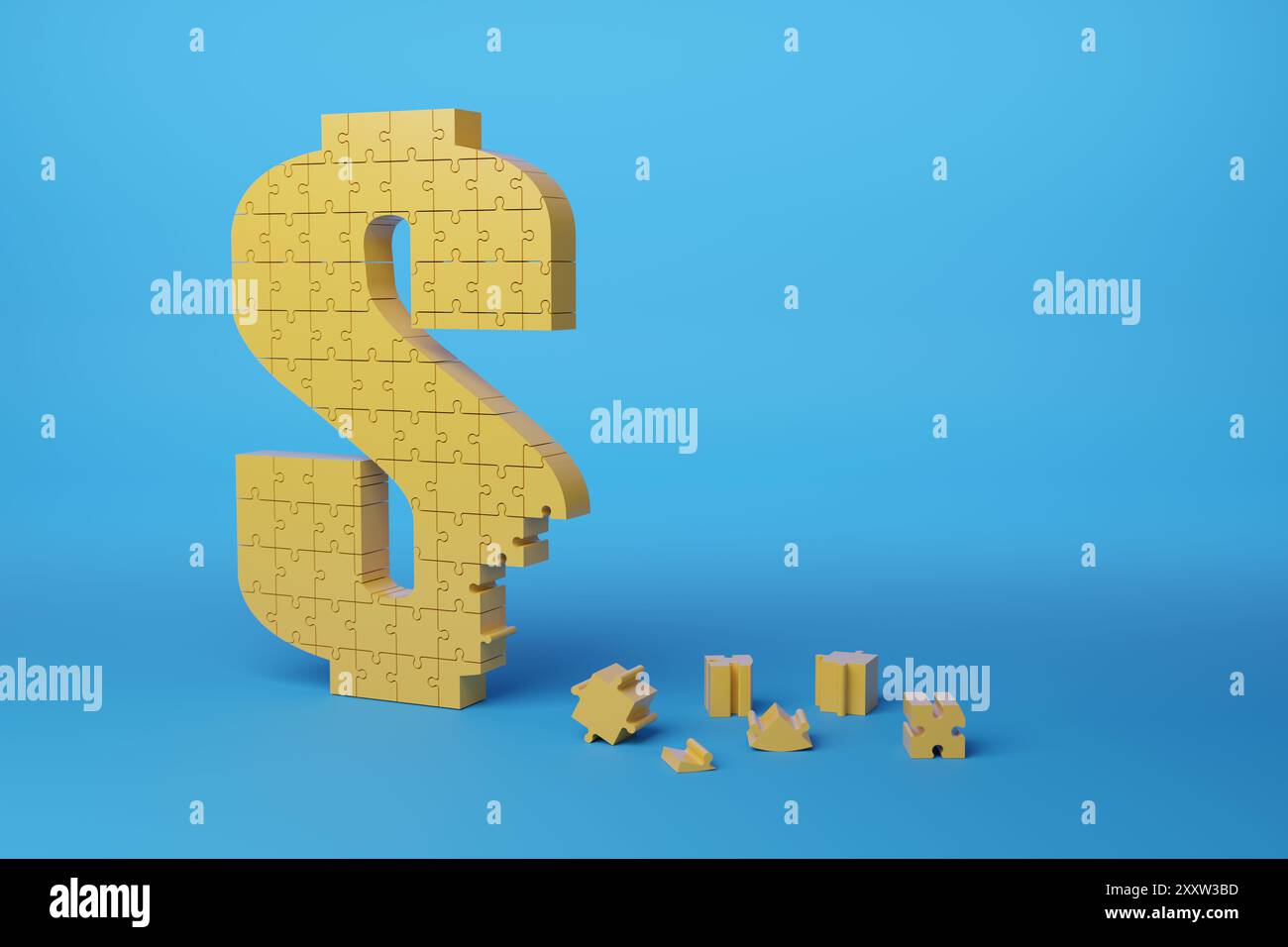 Puzzle in Form eines Dollarzeichens mit losen Teilen und Kopierraum. 3D-Abbildung. Stockfoto