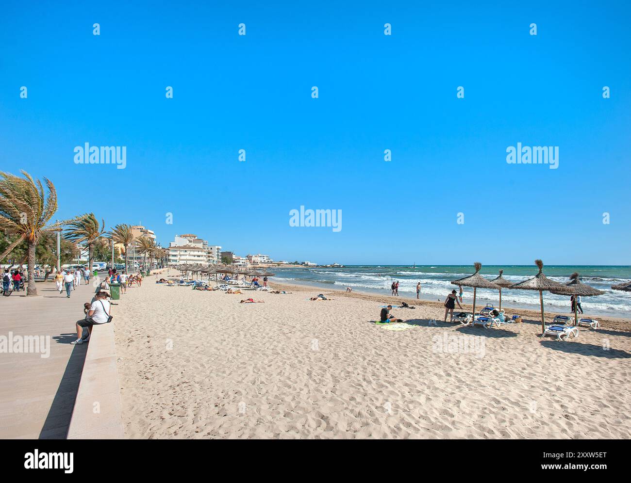 Strand mit Promenade in Ciudad Jardin, Playa de Palma, Balearen Inseln, Mallorca, Spanien Stockfoto