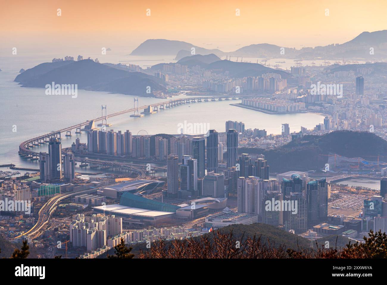 Blick auf die Skyline von Busan, Südkorea in der Abenddämmerung. Stockfoto