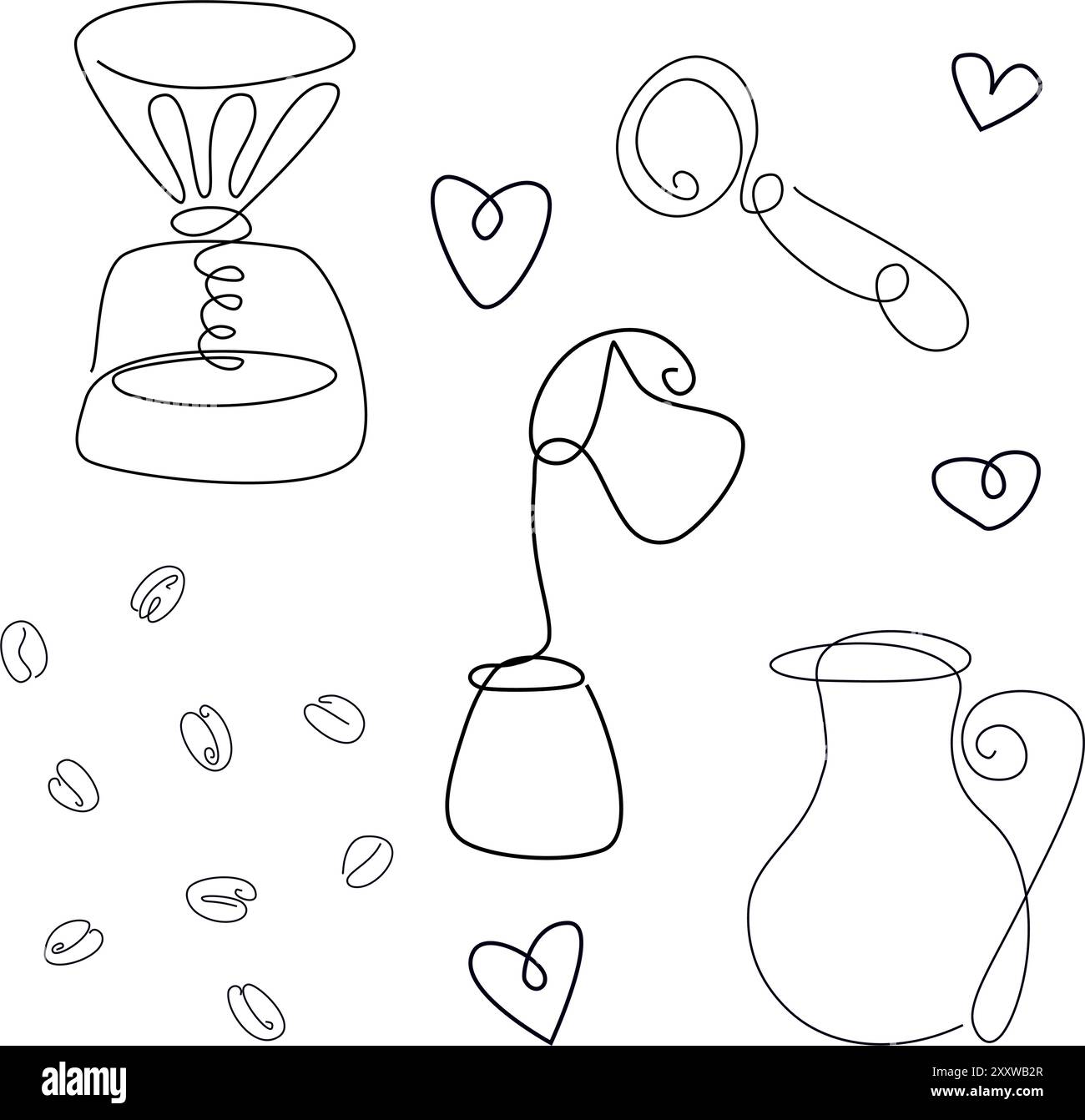 Set der Linie „Fortsetzen“, in der der Barista Milch zum Kaffee eingießt. Strichkunstzeichnung der Staff-Kaffee-Vektor-Illustration. Minimalistisch Stock Vektor