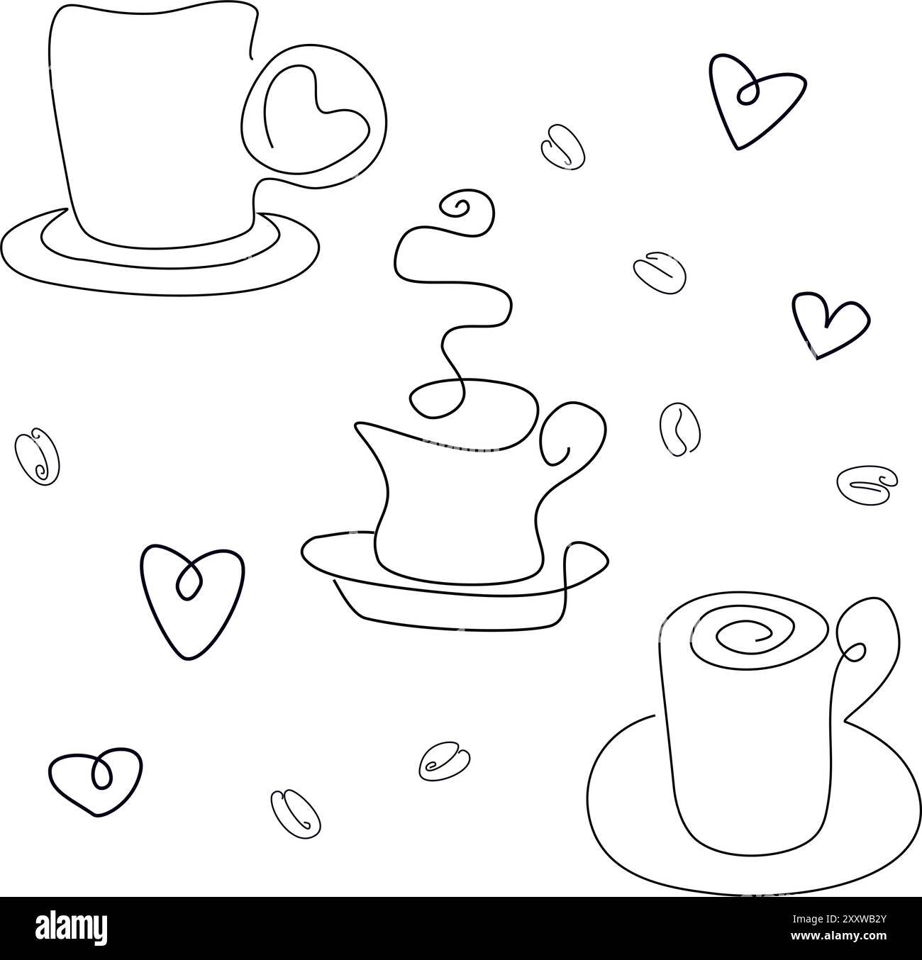 Sammlung. Silhouette einer Tasse Kaffee, Tee in einem modernen einzeiligen Stil. Durchgezogene Linie, Umrisse für Dekor, Poster, Aufkleber, Logo. Satz von Vektorillus Stock Vektor