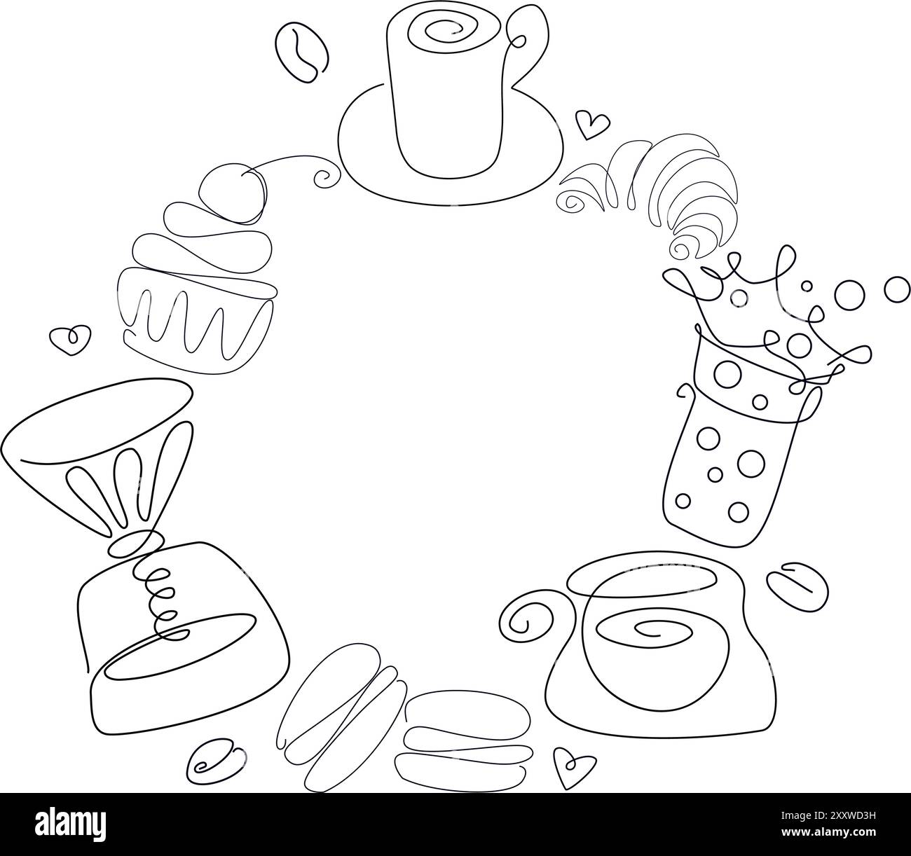 Kreis mit Skizze Kaffee. Handgezeichnetes Grafikdesign. Schwarz-weiße Runde mit Kaffeetassen, Cupcake, Macaron, Croissant, Bubble Tea, Herzen, Bohnen. Stock Vektor