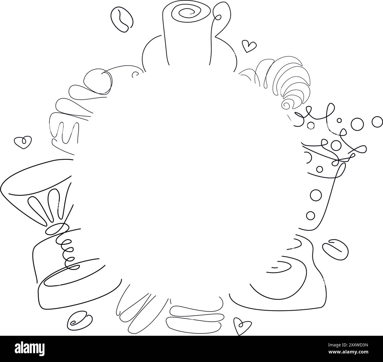 Cartoon Vektor Kritzeleien Coffee Shop Illustration. Strichgrafik, detailliert, mit vielen Objekten Hintergrund. Alle Objekte sind getrennt. Outline Cafe lustige Runde Stock Vektor