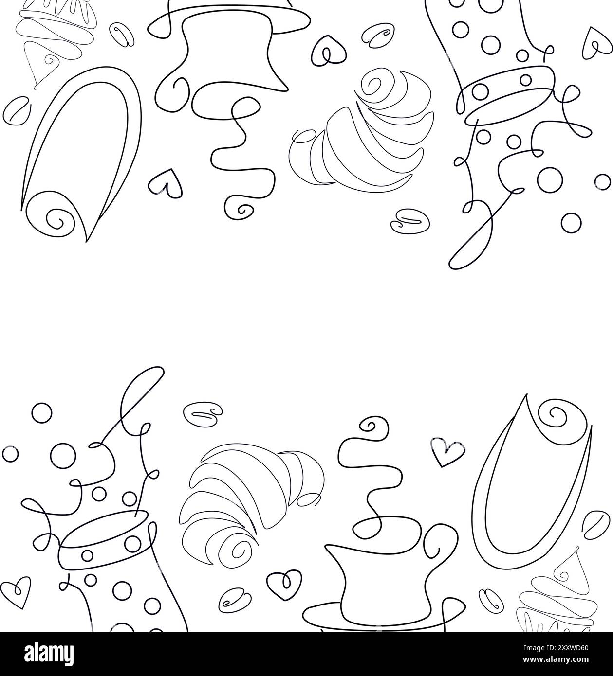 Tasse Tee, Tasse Kaffee, Line Art Stil Vektor Croissant Cupcake Stock Vektor