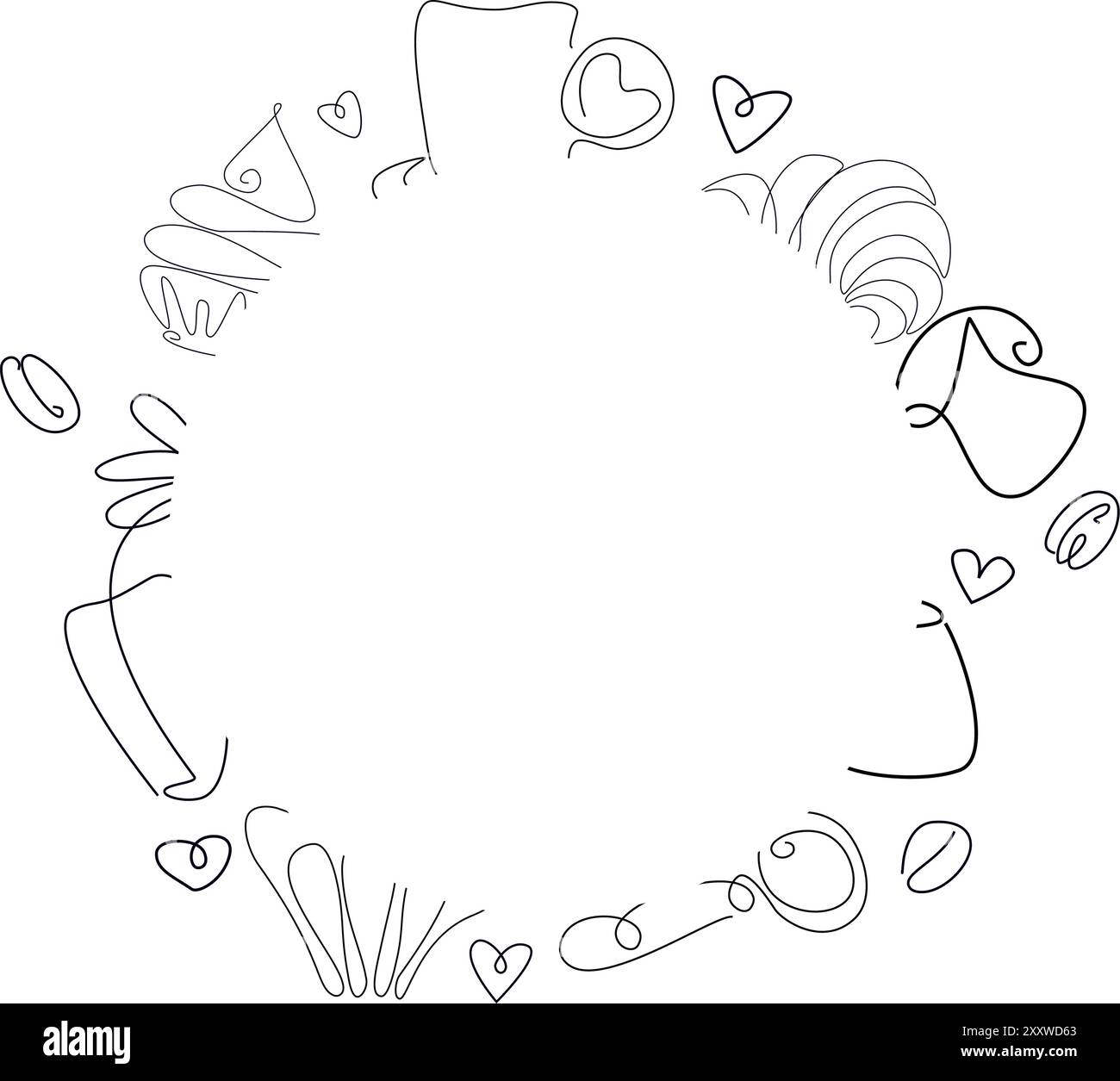 Vektorlinie Art Café Shop Logo mit Becher, Buch, Französisch Presse und Kaffeebeutel Illustration. Stock Vektor