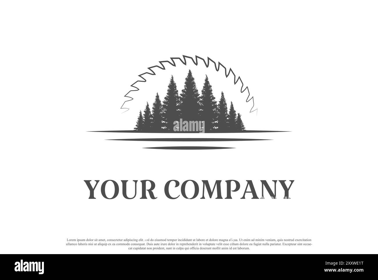 Kiefer Zedernholz Nadelholz Immergrüne Lärche Zypresse Fichte Tanne Baum Wald mit Sonnenuntergang Sonnenaufgang Kreisblatt für Holz Log Logo Design Vektor Stock Vektor