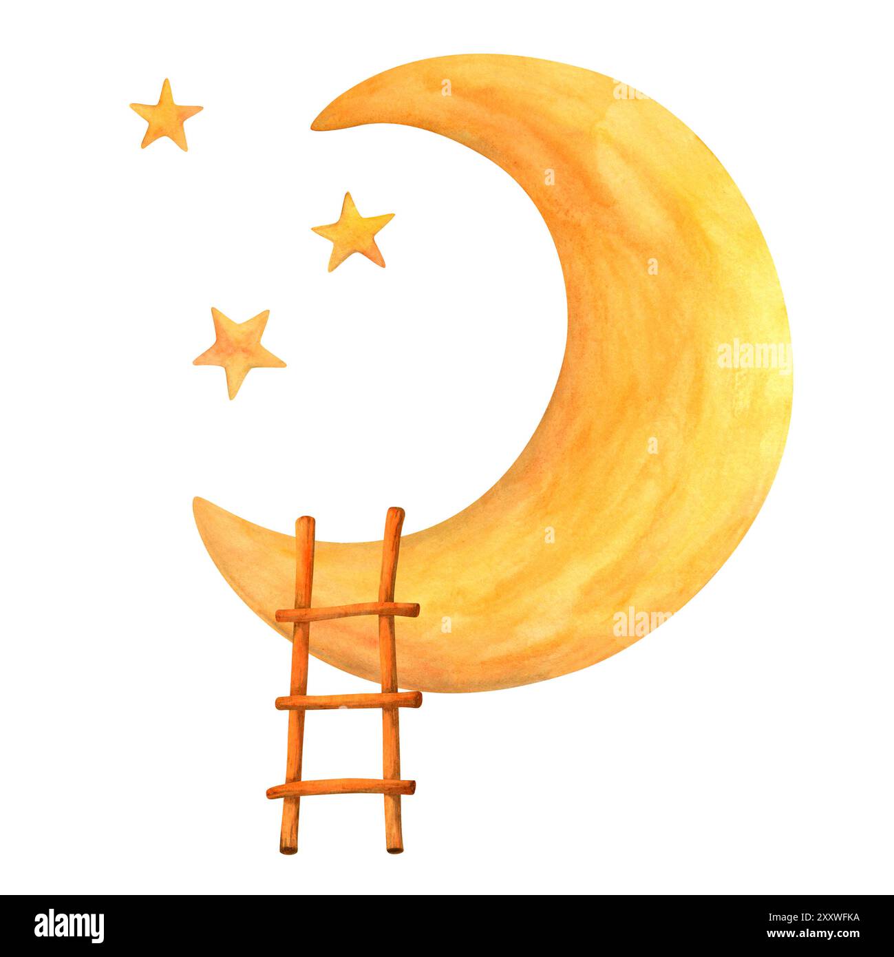 Cartoon Treppe zu den Stars. Aquarellkinder Illustration einer Steppe, die sich gegen den Mond lehnt. Sweet Dreams Konzept. Isoliertes Baby-Clipart Stockfoto