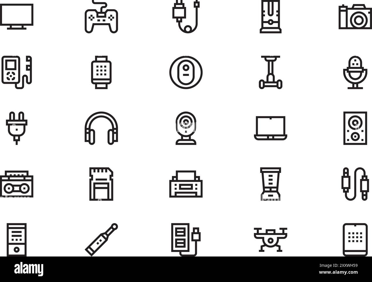 Die Sammlung von Symbolen für Elektronik ist eine Vektorillustration mit bearbeitbarem Kontur. Stock Vektor