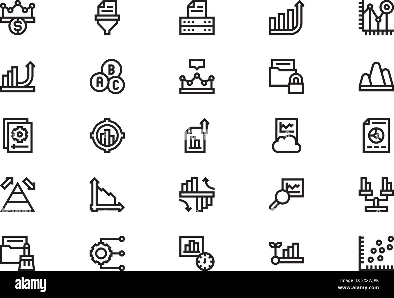 Die Sammlung von Analytics Icons ist eine Vektorillustration mit bearbeitbarer Kontur. Stock Vektor