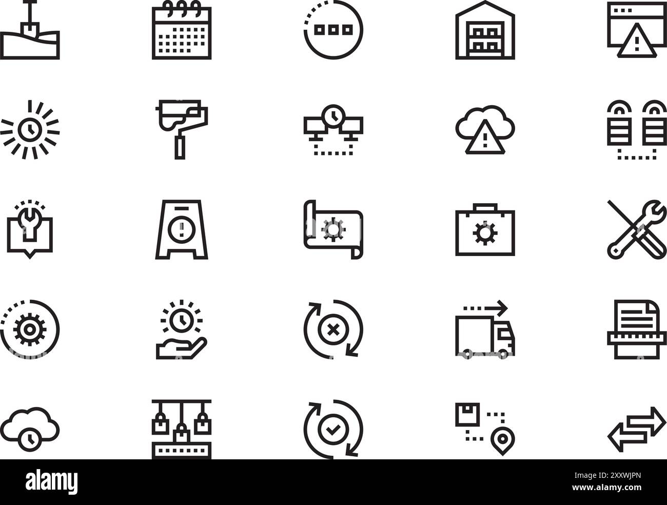 Die Icons-Sammlung „in Bearbeitung“ ist eine Vektorillustration mit bearbeitbarer Kontur. Stock Vektor