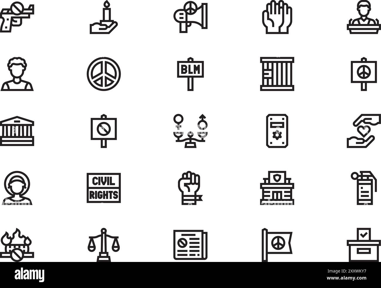 Die Ikonensammlung der Bürgerrechtsbewegung ist eine Vektorillustration mit bearbeitbarem Strich. Stock Vektor
