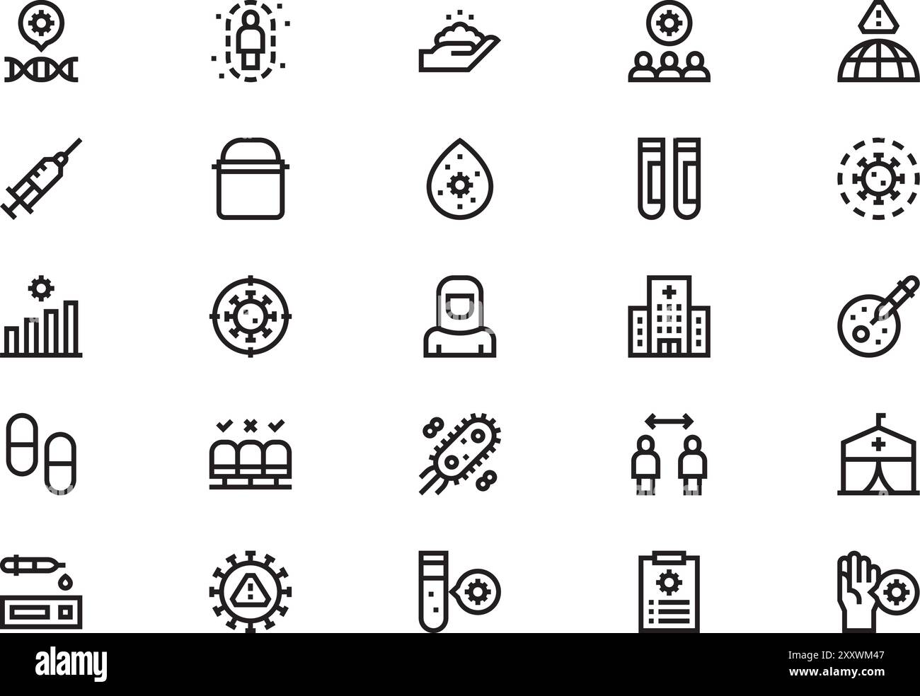 Die Sammlung der Epidemiologie-Symbole ist eine Vektorillustration mit bearbeitbarem Schlaganfall. Stock Vektor