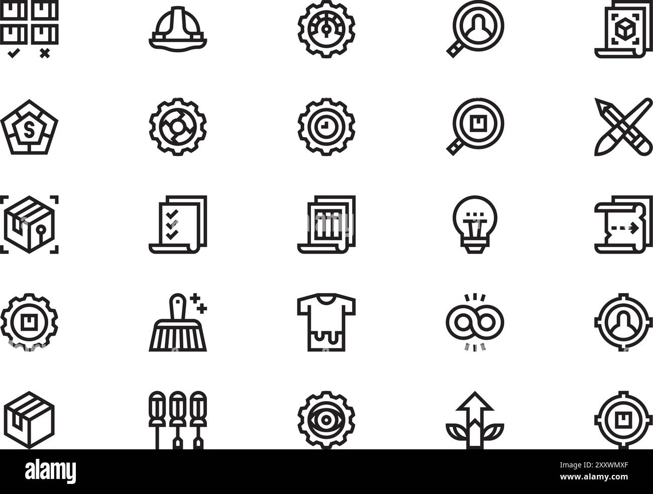 Die Sammlung der Symbole für die Produktverwaltung ist eine Vektorillustration mit bearbeitbarer Kontur. Stock Vektor