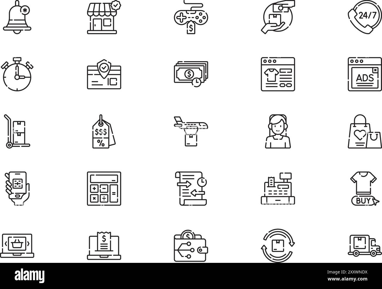 Die Online-Shopping-Icons-Sammlung ist eine Vektorillustration mit bearbeitbarem Kontur. Stock Vektor