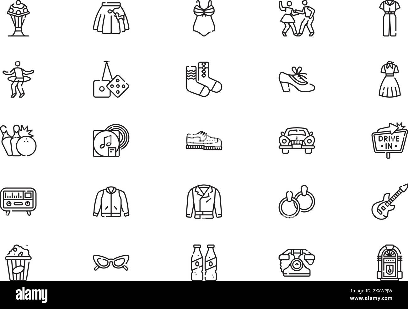 Die Sammlung der Symbole der 50er Jahre ist eine Vektorillustration mit bearbeitbarer Kontur. Stock Vektor