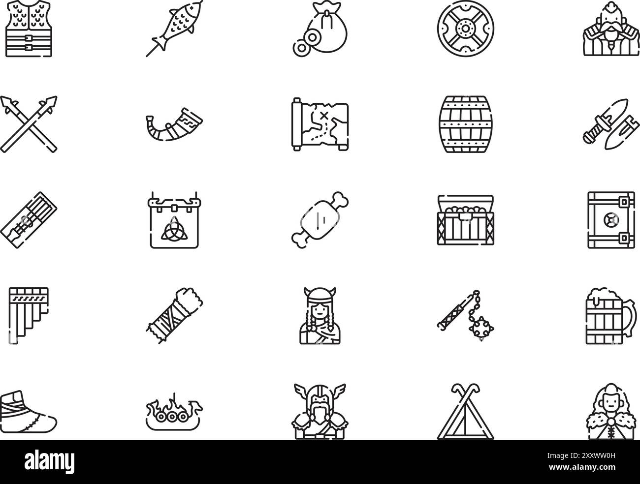 Die Sammlung Viking Icons ist eine Vektorillustration mit bearbeitbarer Kontur. Stock Vektor