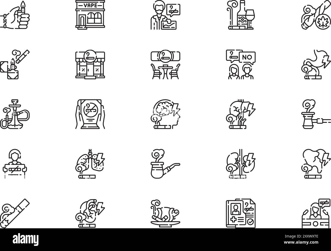 Die Sammlung Raucher-Symbole ist eine Vektorillustration mit bearbeitbarem Strich. Stock Vektor