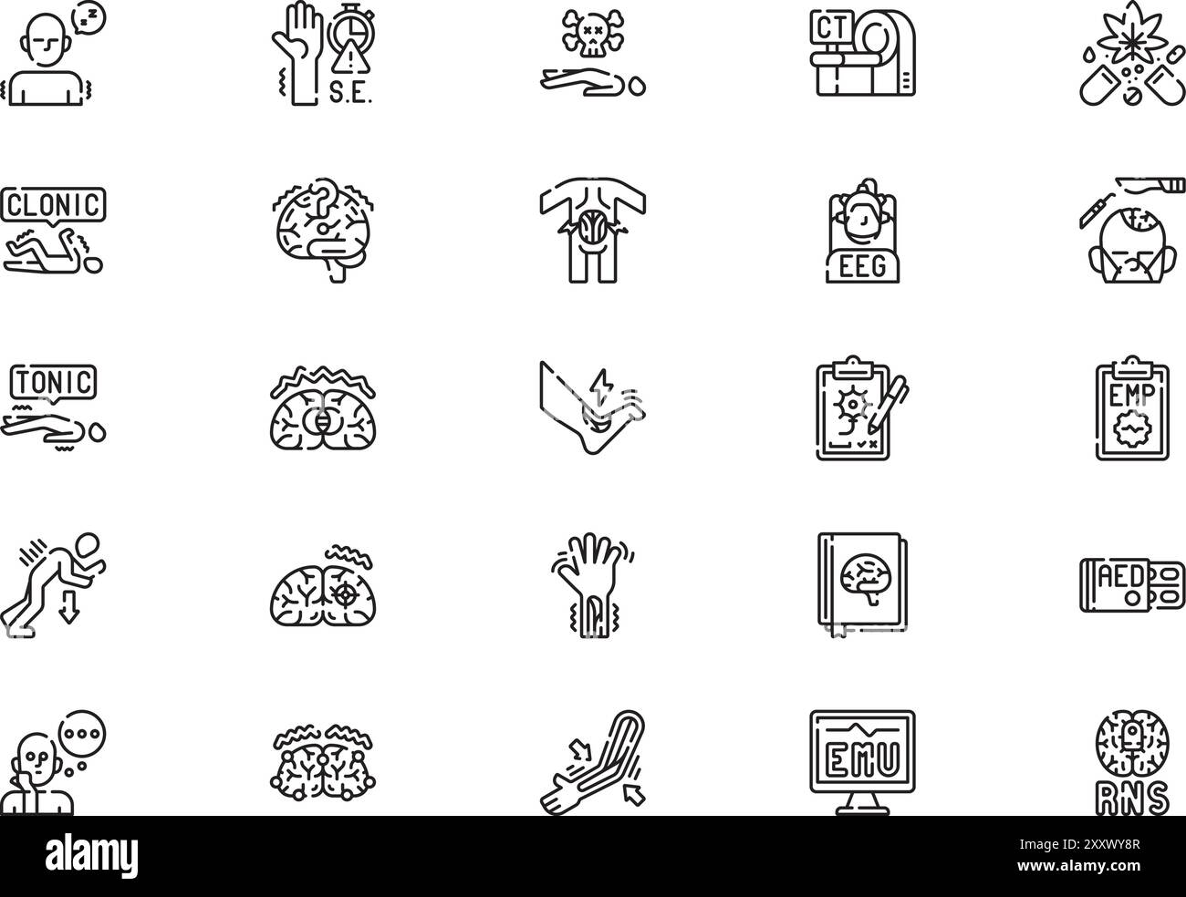 Epilepsie Icons Collection ist eine Vektorillustration mit bearbeitbarem Strich. Stock Vektor