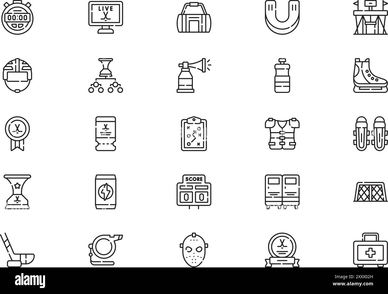 Die Kollektion Eishockey Icons ist eine Vektor-Illustration mit bearbeitbarem Strich. Stock Vektor
