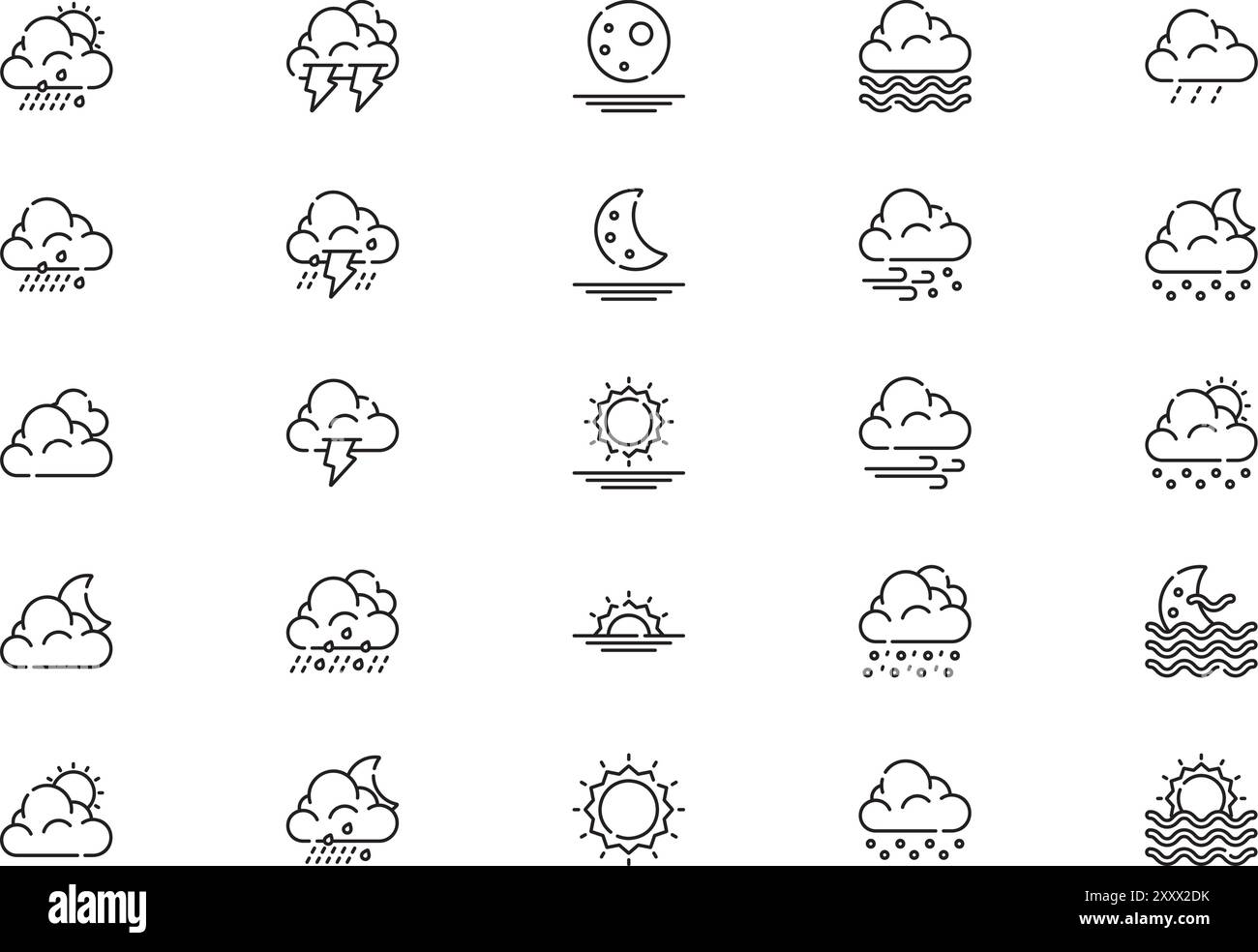 Die Kollektion „Weather Icons“ ist eine Vektorillustration mit bearbeitbarem Strich. Stock Vektor