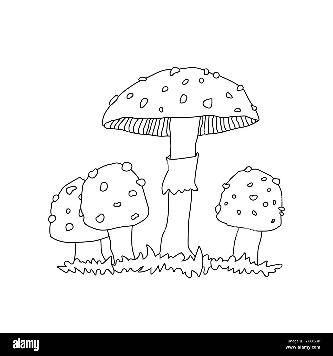 Schwarz-weiße Umrandung Zeichentrickzeichnung von Fliegenpilzen. Symbol für isolierten Vektor auf weißem Hintergrund Stock Vektor