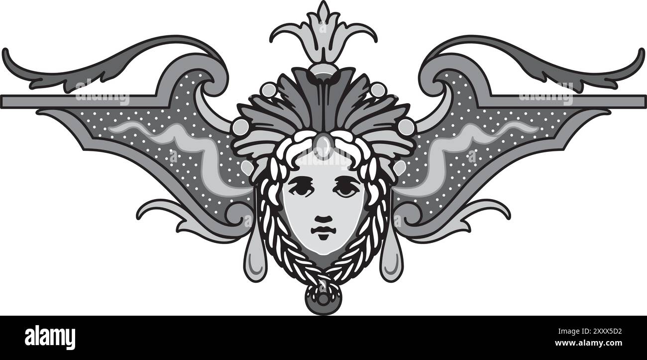 Frauengesicht mit Olivenzweigen und Blumen, die in die Haare gewebt sind. Dekoratives Element der Fassade eines historischen Gebäudes in Prag. Tschechische Republik Stock Vektor